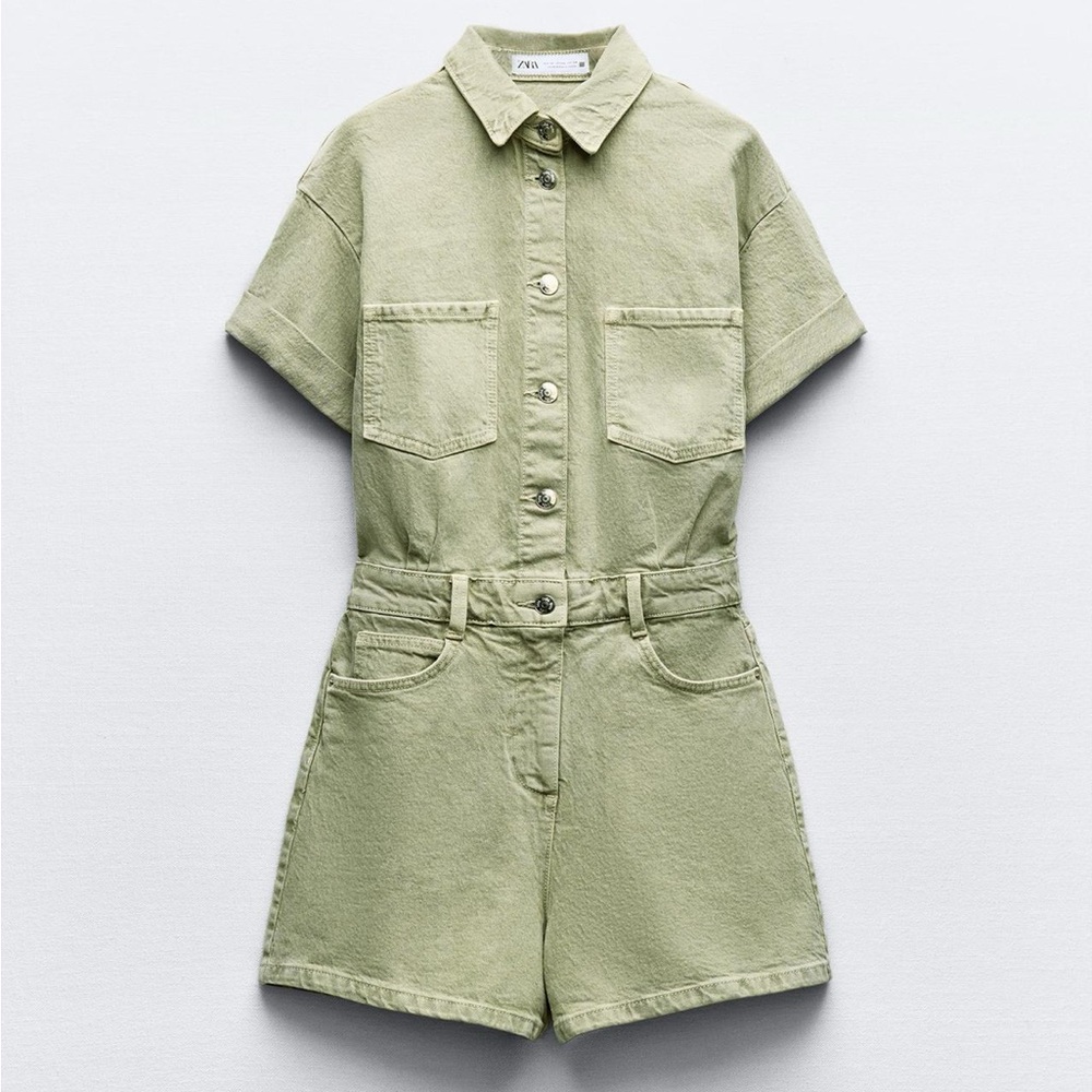 Zara Beige Denim Short Sleeve Jumpsuit